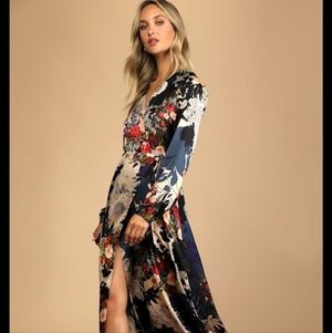 Lulu's Medium Long Dress In A Navy Floral Pattern.